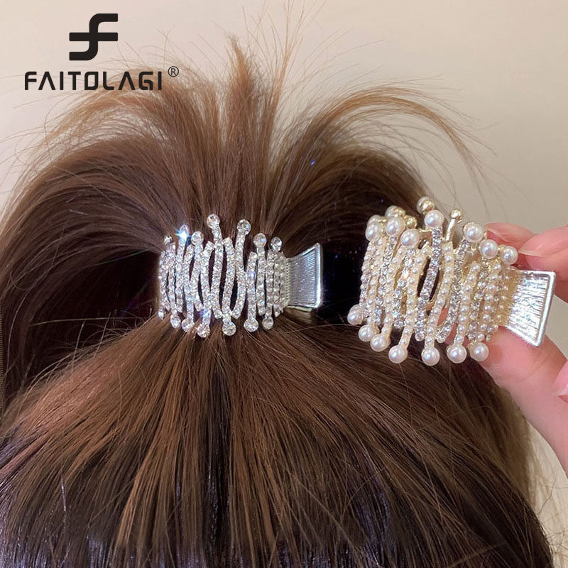 Gold Silver Color Zircon Pearls Hairpins for Women Shiny Rhinestones High Ponytail Hairstyle Hold Hairpins Simple Elegant Korean Style Female Hair Accessories